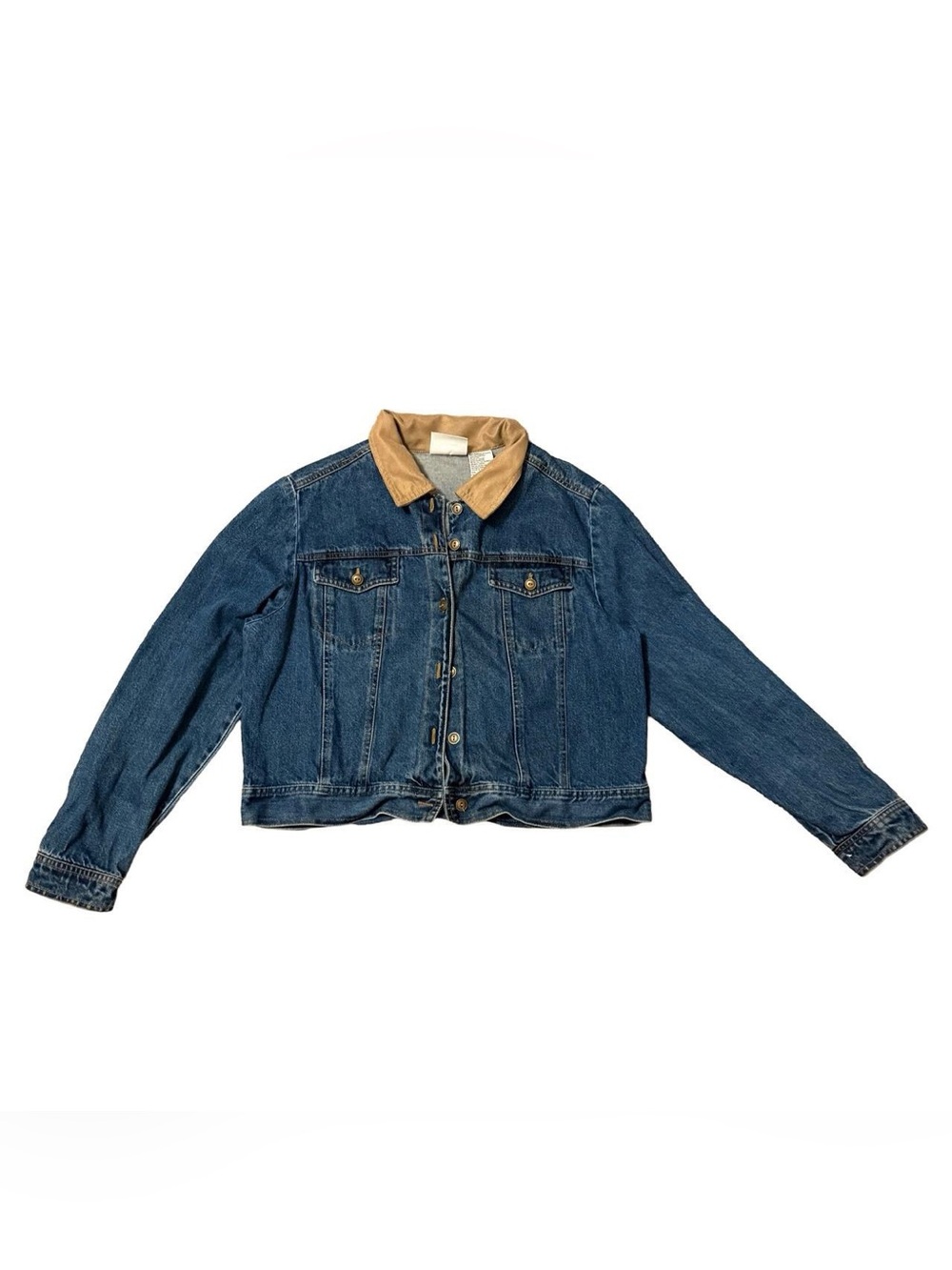 VTG Studio Ease Women Medium Wash Blue Denim Jacket w/ Suede Tan Collar Size 12